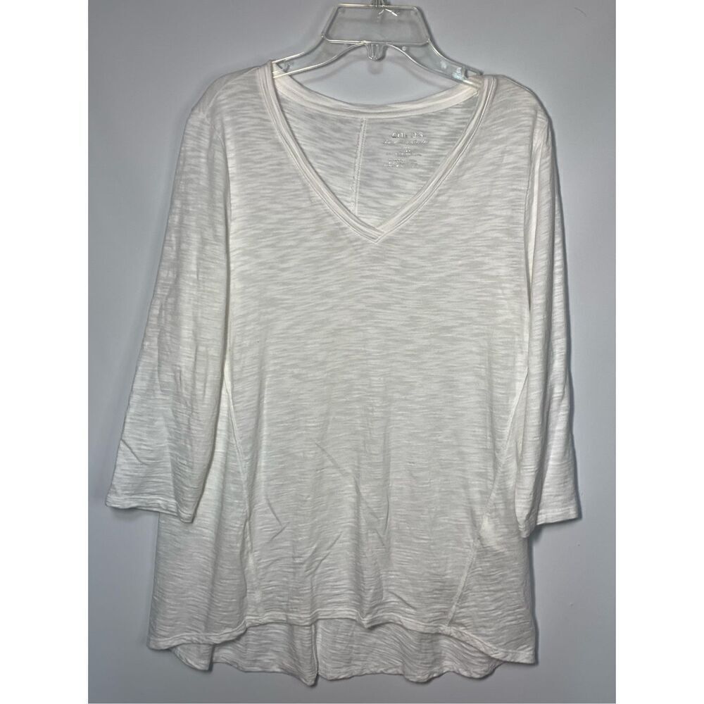 Chico's Women's V-Neck High Low Hem 3/4 Sleeve The Ultimate Tee White Size extra